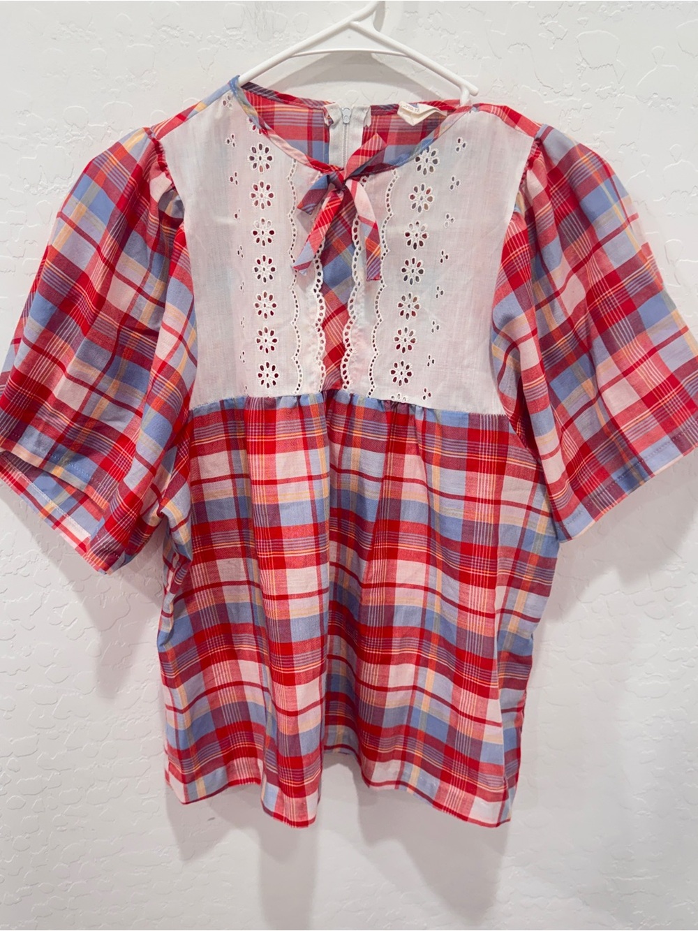Vintage Land N Sea Blouse Eyelet Yoke Plaid Medium? Peasant Americana Cottage